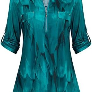 Ninedaily Women's 3/4 Sleeve Plaid Shirts Zip Floral Casual Tunic Blouse Tops