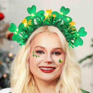 St. Patrick's Day Headband Light up Green Shamrock Headbands LED Clover Hairbands Holiday Irish Costume Hair Accessories for Women and Girls