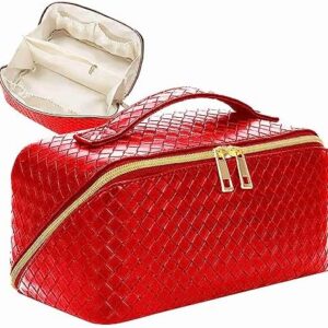 Large Capacity Travel Makeup Bag Waterproof PU Leather Cosmetic Bags for Women Portable Cosmetic Travel Bag With Handle and Divider Flat Makeup Bag Organizer (Pure Red)