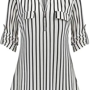 Ninedaily Women's 3/4 Sleeve Plaid Shirts Zip Floral Casual Tunic Blouse Tops