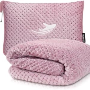 NOWWISH Travel Blanket - Premium Blanket Pillow 2in1 Airplane Accessories with Bag, Compact & Comfortable. Perfect Travel Essential Gift for Women & Men - Pink