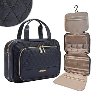 Travel Toiletry Bag For Women,PU Leather Water-resistant Makeup Bag Organizer With Hanging Hook,Cosmetic Bag For Accessories/Cosmetics/Toiletries (Black)