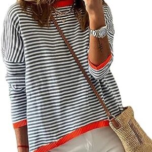 Dokotoo Womens 2024 Long Sleeve Tops Sweaters Casual Crewneck Striped Color Block Drop Shoulder Cotton Pullover Shirts